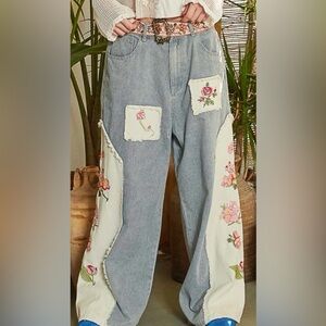 POL Wide-Leg Striped Denim Pants Floral Embroidery Size Small Oversized Fit NWOT